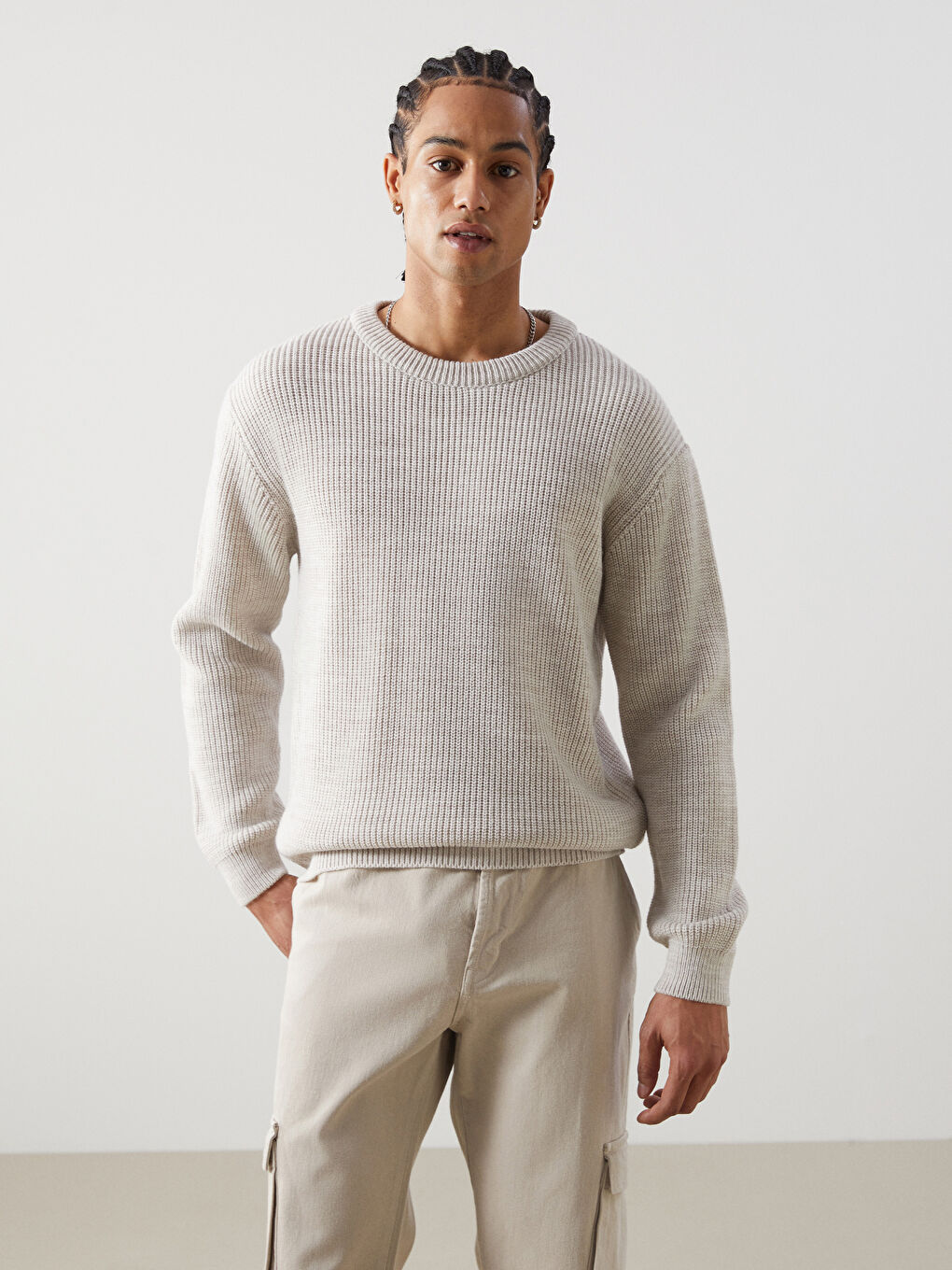 Crew Neck Long Sleeve Men's Tricot Sweater -W4M639Z8-D4N