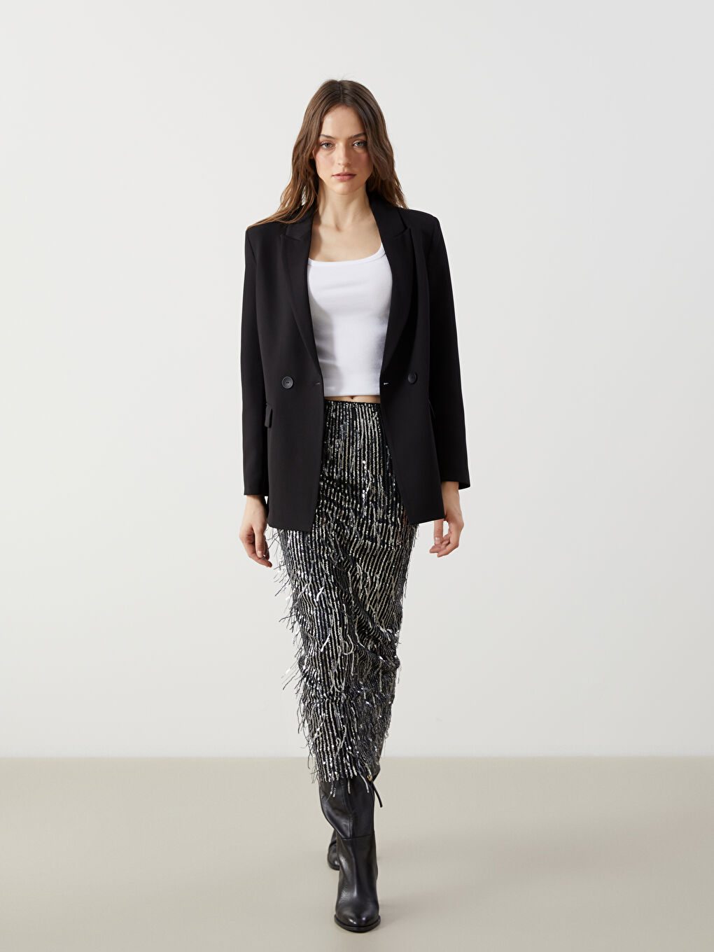 Gri Beli Lastikli Pul Payetli Kadın Etek