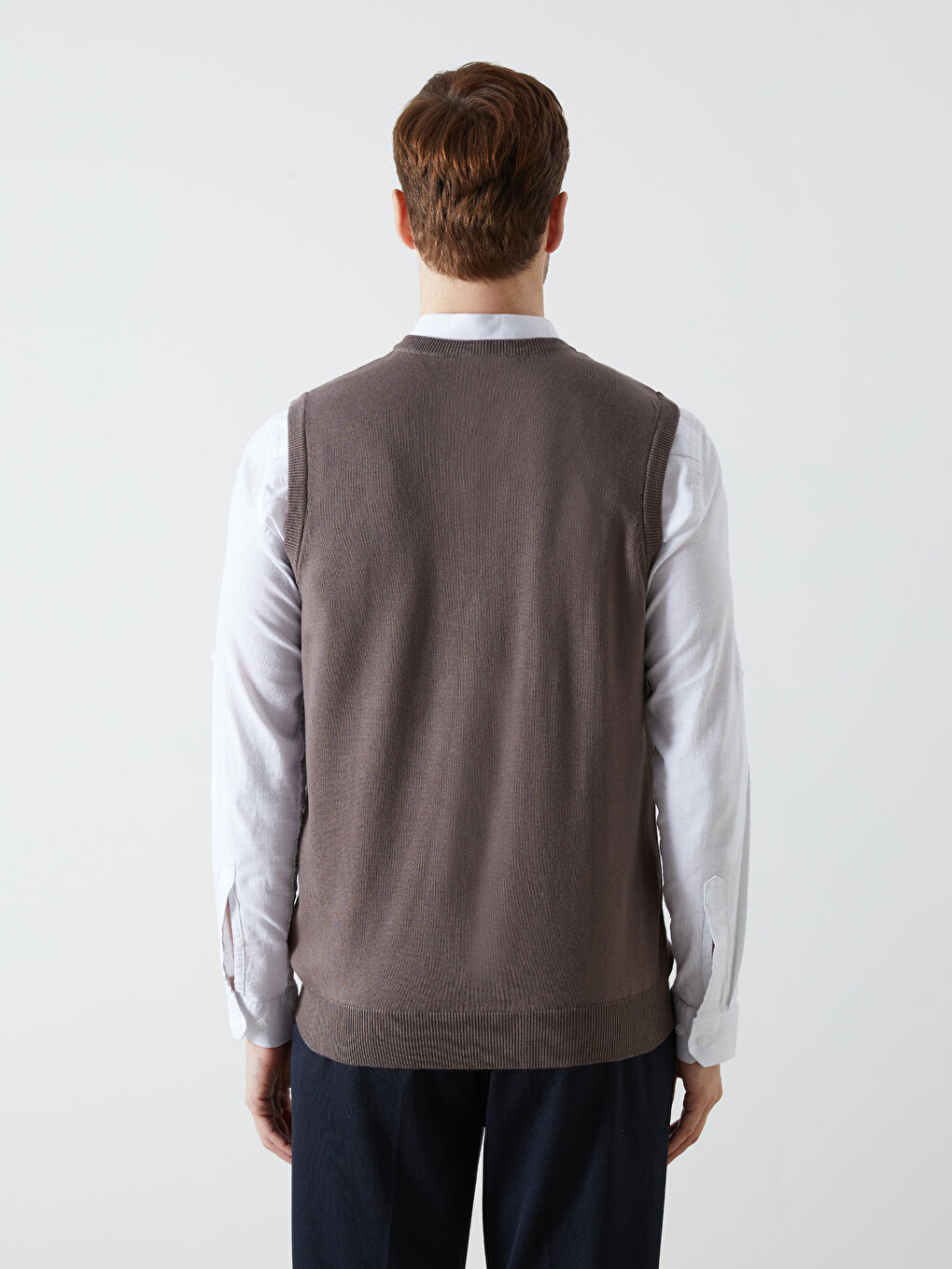 Kahverengi Standart Kalıp V Yaka Erkek Triko Süveter-3