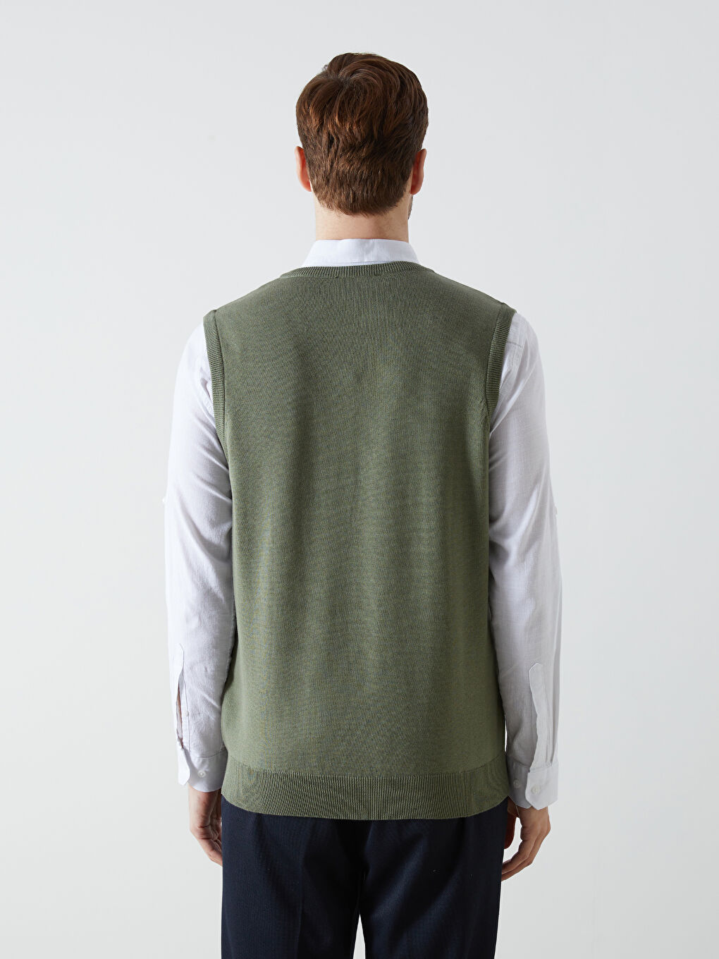 Yeşil Standart Kalıp V Yaka Erkek Triko Süveter-3