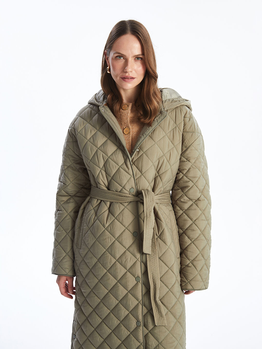 Yeşil Kapüşonlu Kapitone Oversize Kadın Şişme Mont-3