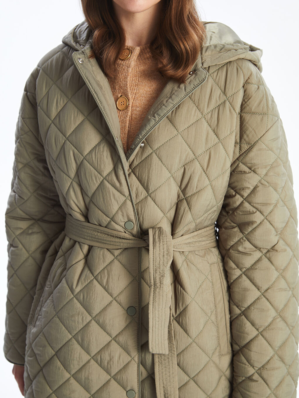 Yeşil Kapüşonlu Kapitone Oversize Kadın Şişme Mont-5