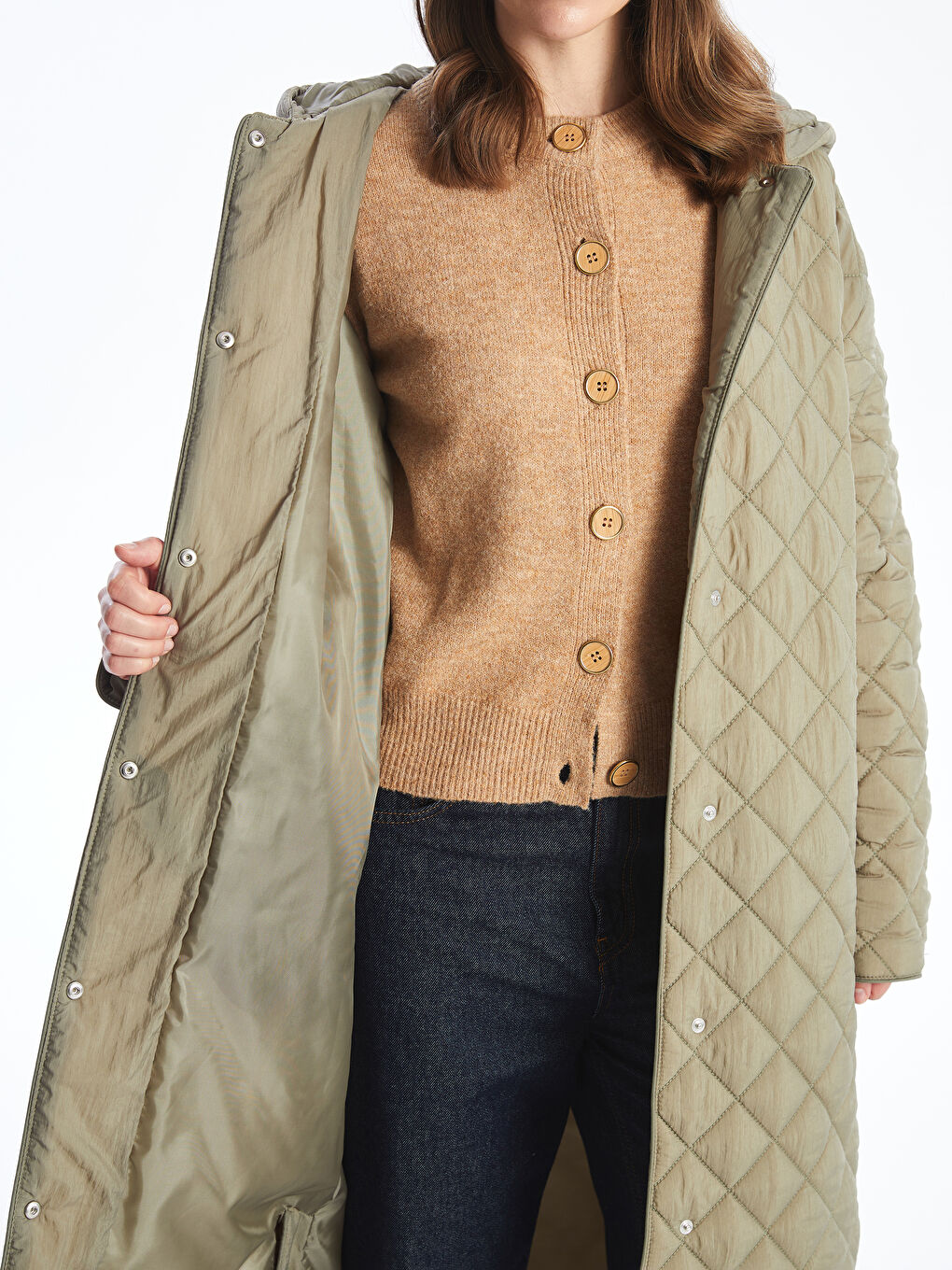 Yeşil Kapüşonlu Kapitone Oversize Kadın Şişme Mont-7