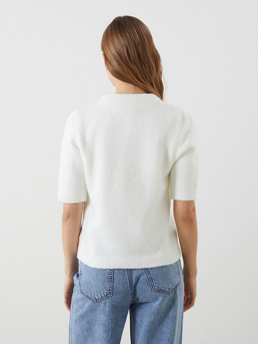 Ekru Bisiklet Yaka Pelüş Kadın Triko Hırka-3