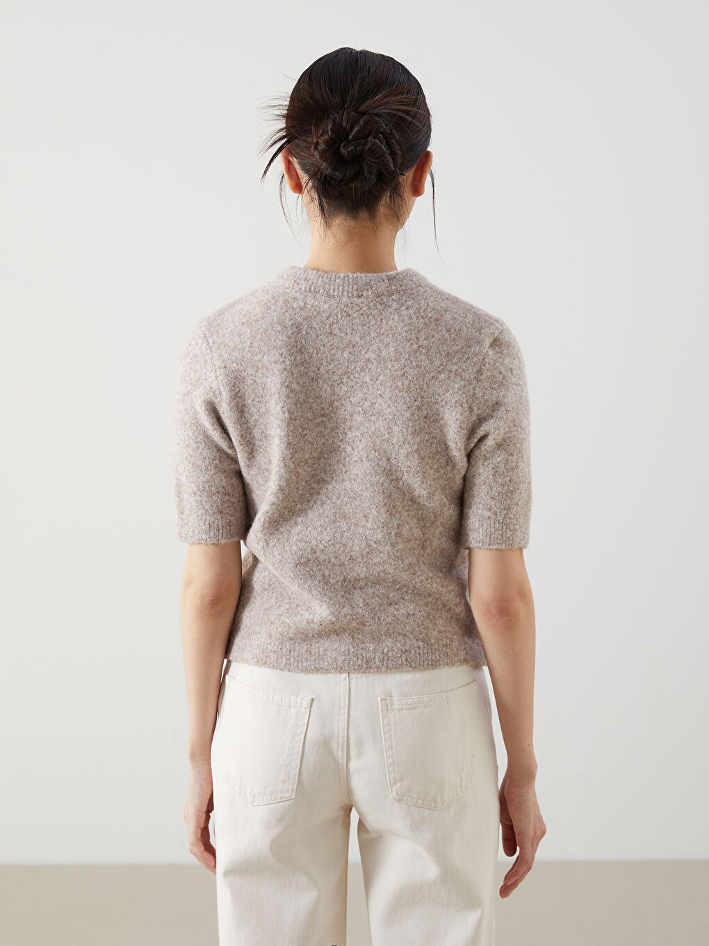 Bej Bisiklet Yaka Pelüş Kadın Triko Hırka-3