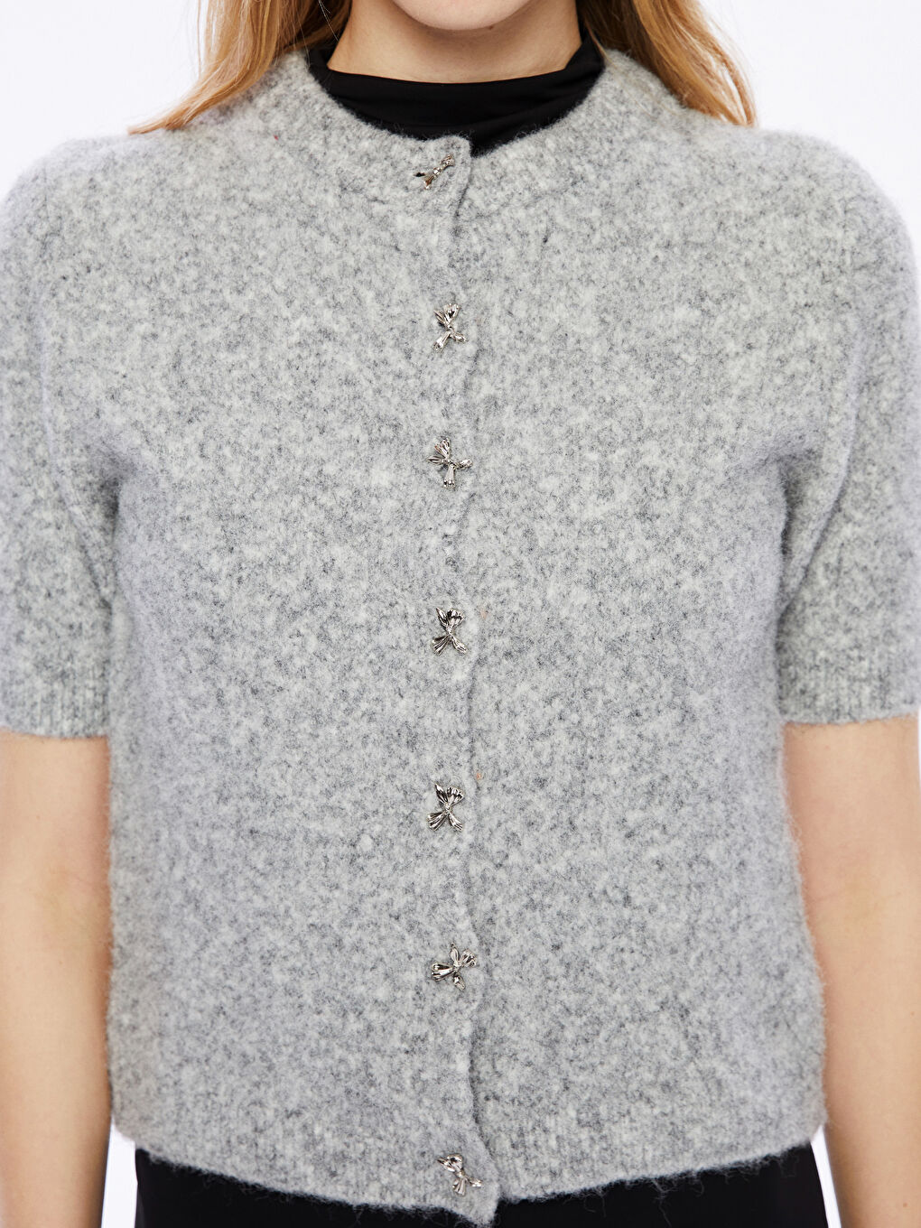 Gri Bisiklet Yaka Pelüş Kadın Triko Hırka-2