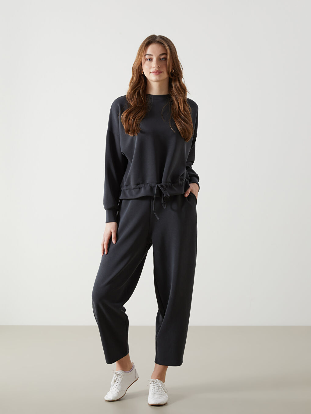 Antrasit Beli Lastikli Kadın Eşofman Altı