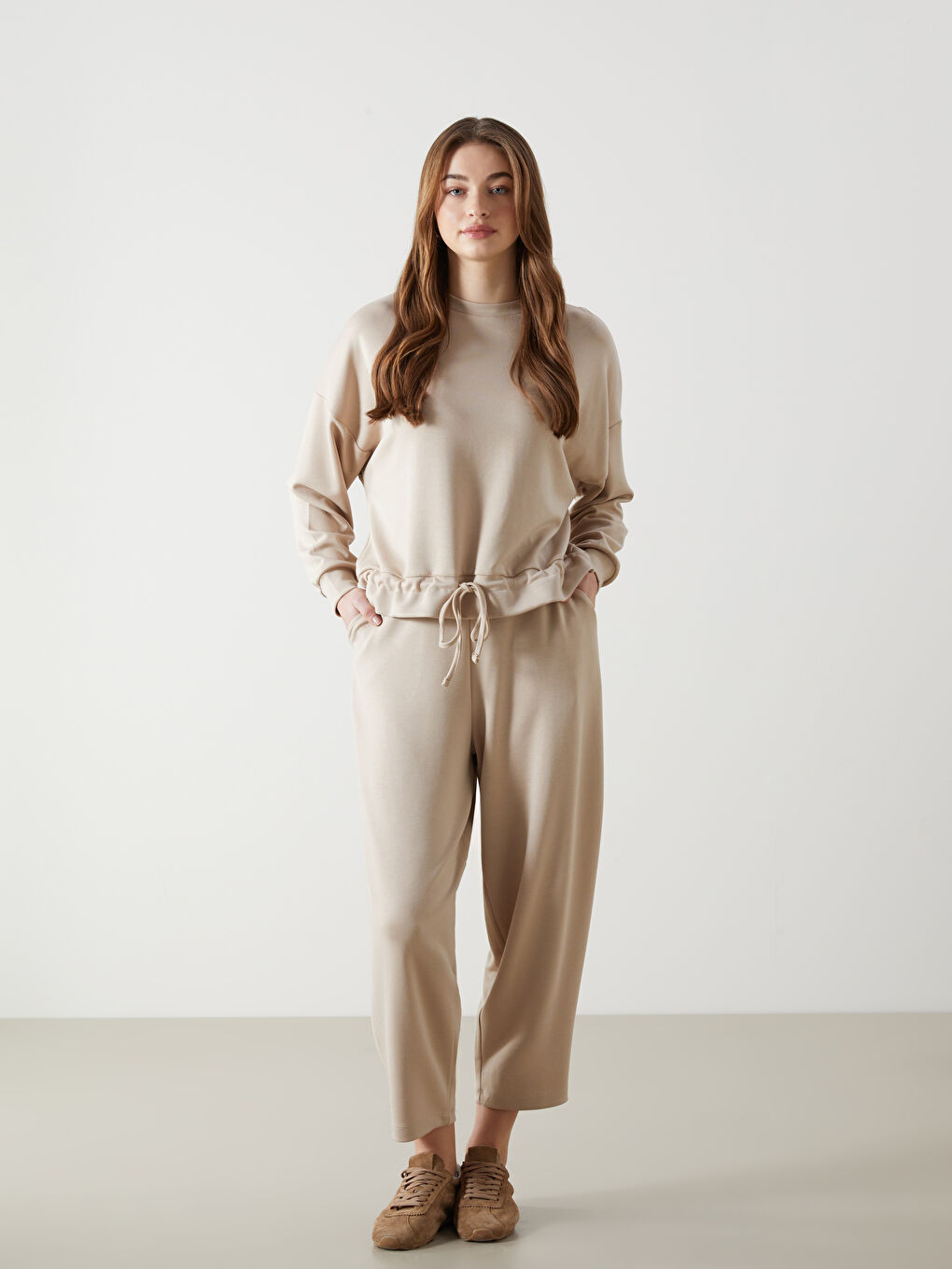 Ekru Beli Lastikli Kadın Eşofman Altı