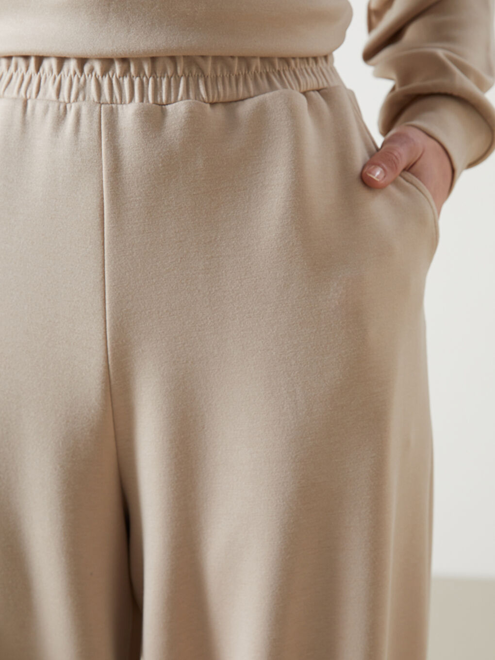 Ekru Beli Lastikli Kadın Eşofman Altı-2