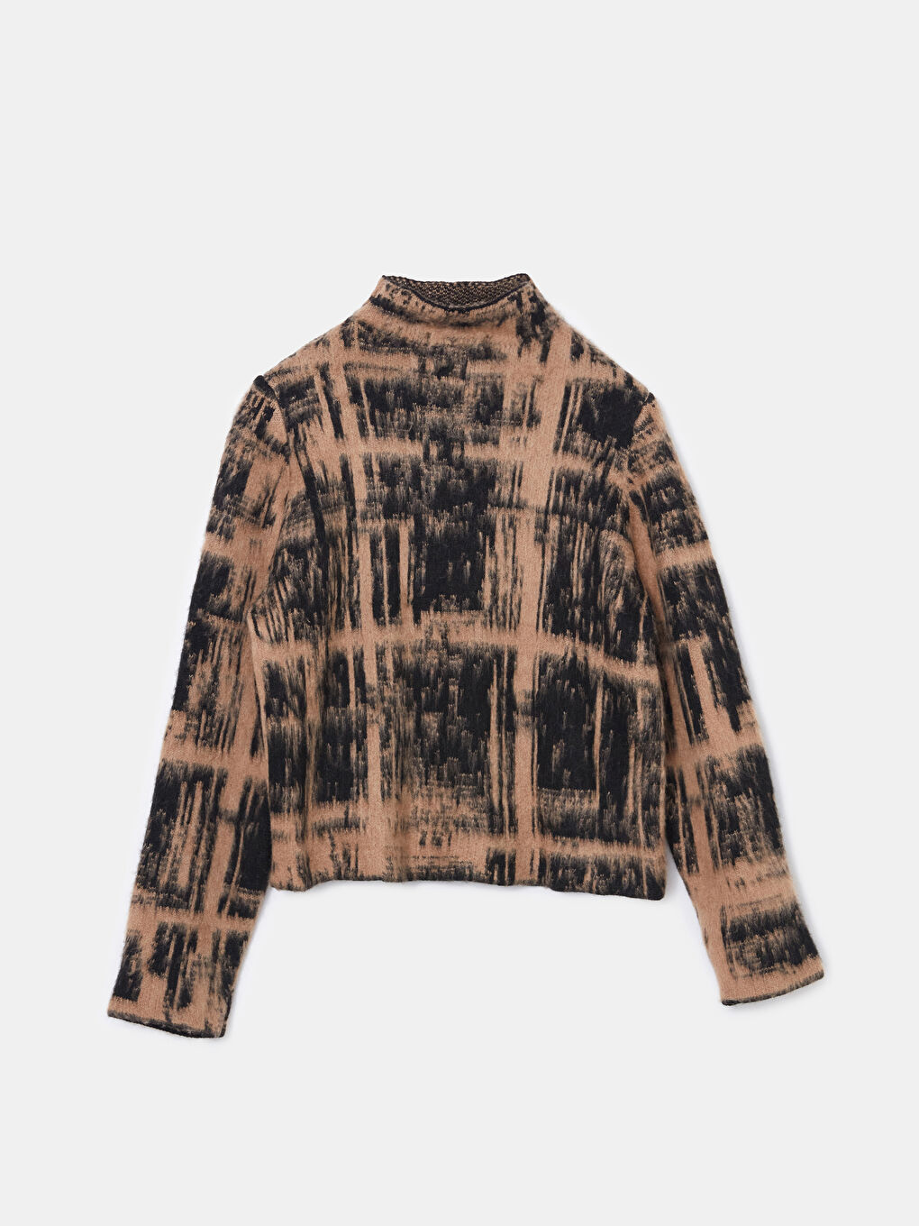 Kahverengi Dik Yaka Desenli Kadın Triko Kazak-4