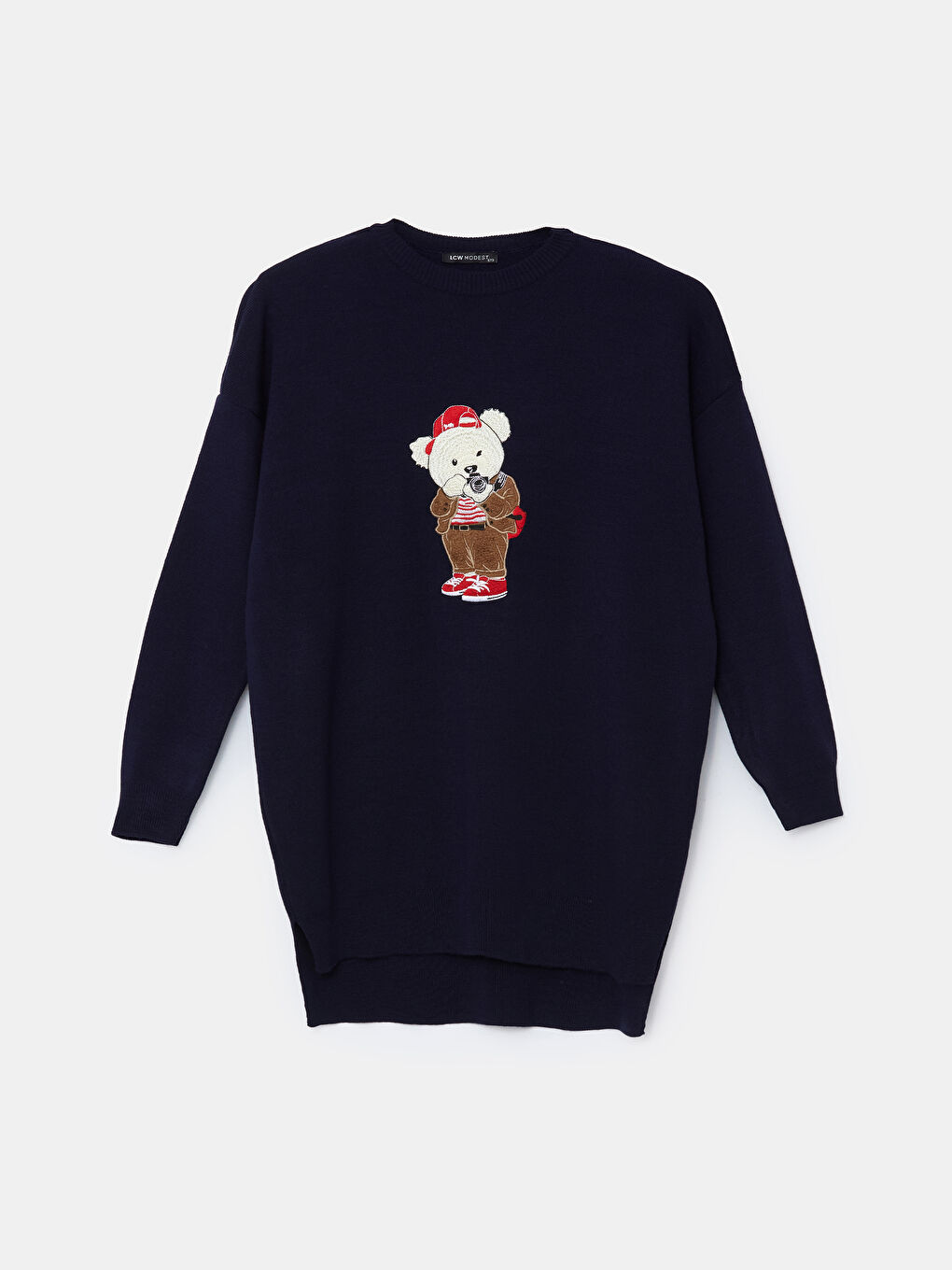 Lacivert Ayı Teddy Nakışlı Oversize Kadın Triko Tunik-4