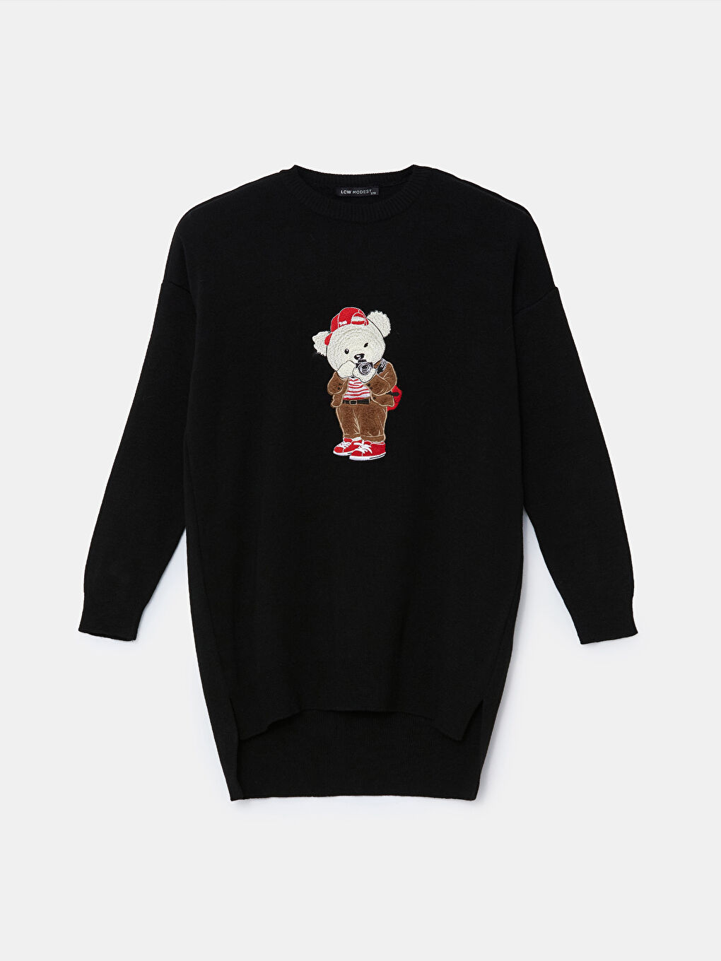 Siyah Ayı Teddy Nakışlı Oversize Kadın Triko Tunik-4