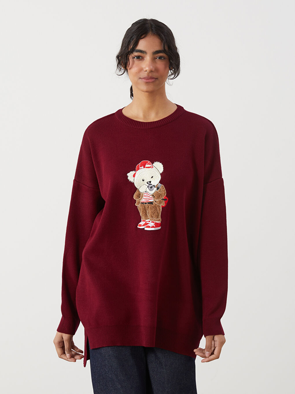 Bordo Ayı Teddy Nakışlı Oversize Kadın Triko Tunik