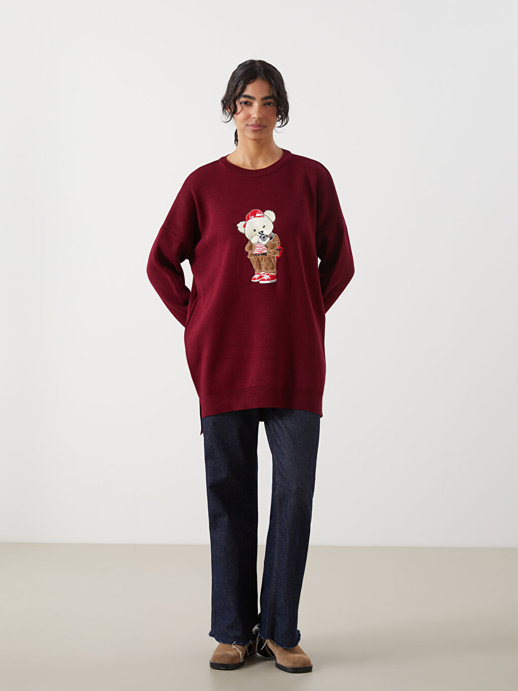 Bordo Ayı Teddy Nakışlı Oversize Kadın Triko Tunik-1