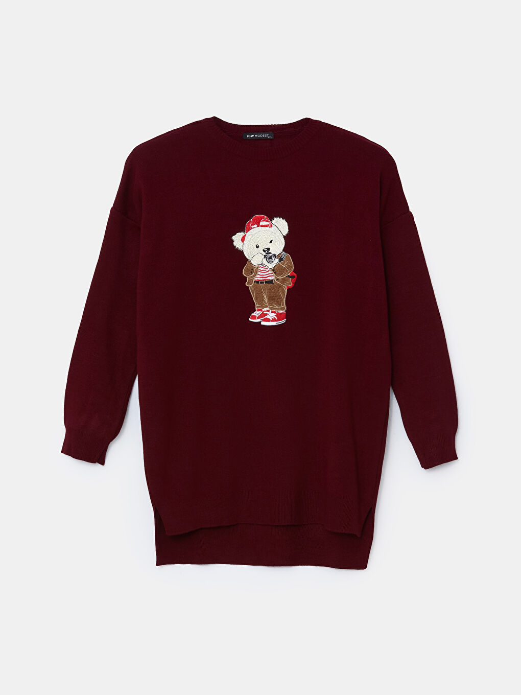 Bordo Ayı Teddy Nakışlı Oversize Kadın Triko Tunik-4