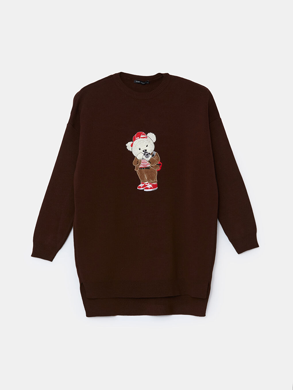 Kahverengi Ayı Teddy Nakışlı Oversize Kadın Triko Tunik-4