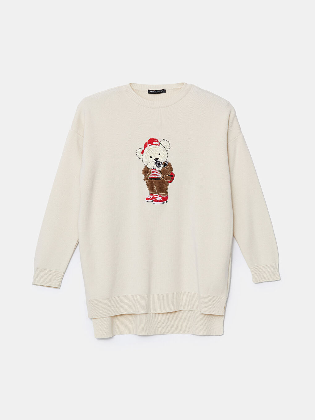 Ekru Ayı Teddy Nakışlı Oversize Kadın Triko Tunik-4