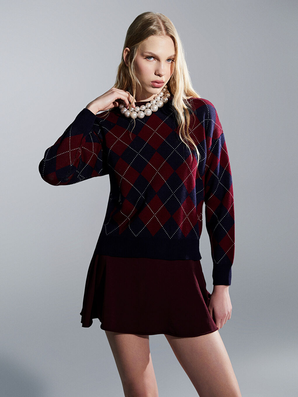 Bordo Bisiklet Yaka Taşlı Kadın Triko Kazak