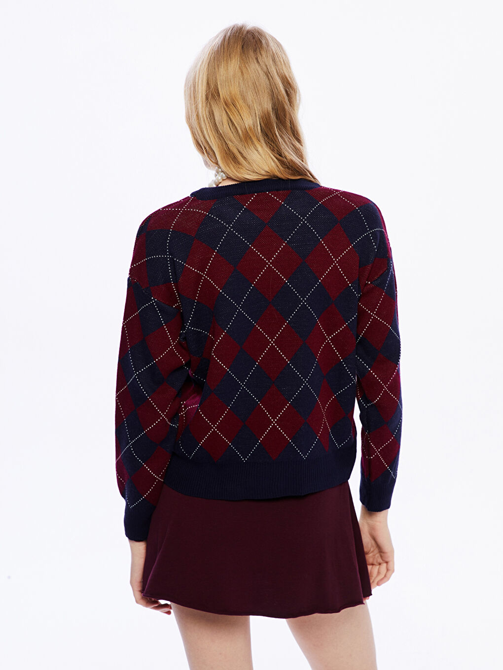 Bordo Bisiklet Yaka Taşlı Kadın Triko Kazak-3