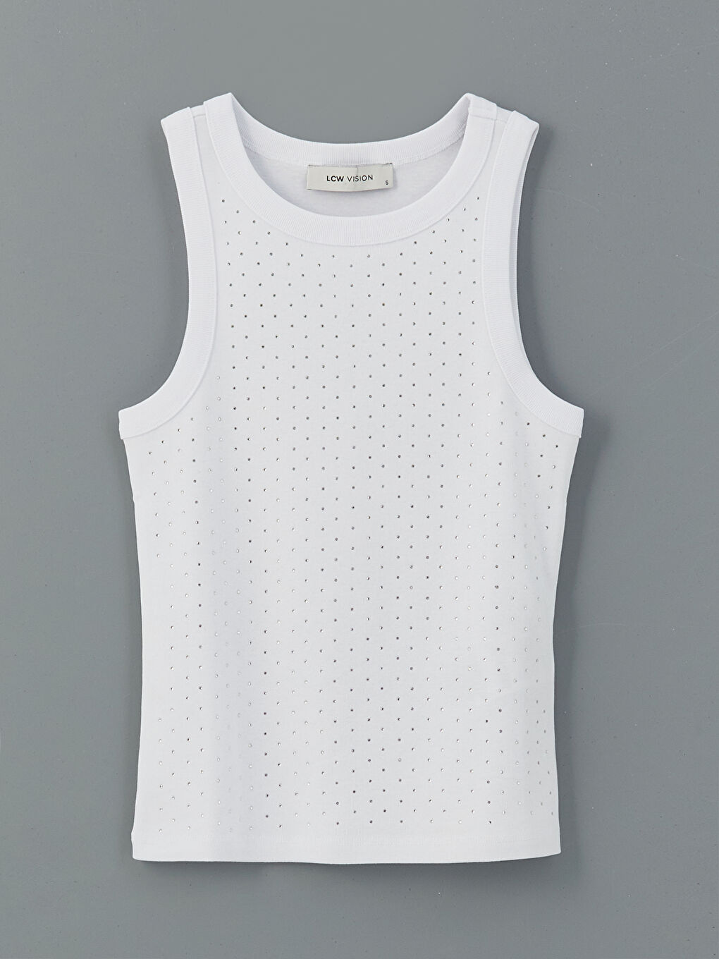 Beyaz Bisiklet Yaka Parlak Taşlı Kadın Atlet-4