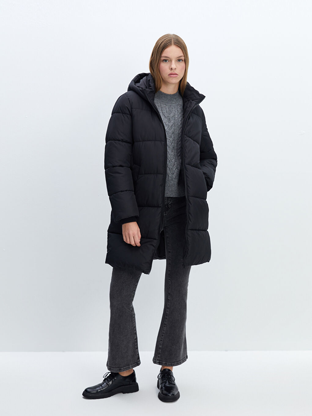Women's Hooded Plain Puffer Coat-3