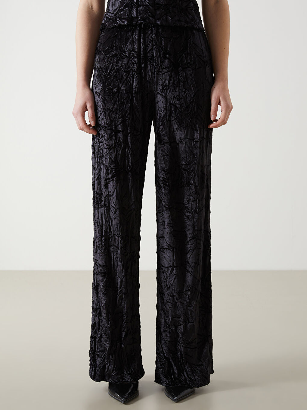 Siyah Beli Lastikli Kadife Kadın Pantolon-1