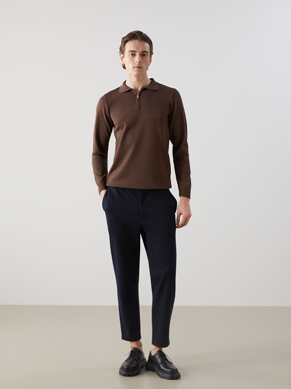 Kahverengi Polo Yaka Uzun Kollu Erkek Triko Kazak-1