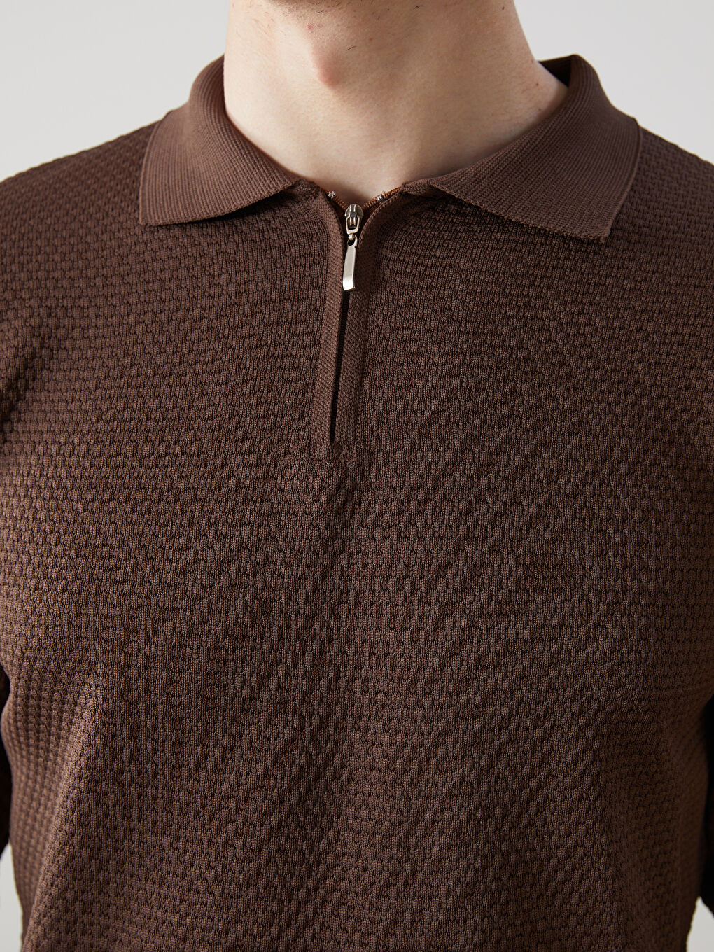 Kahverengi Polo Yaka Uzun Kollu Erkek Triko Kazak-2