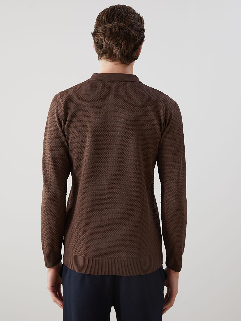 Kahverengi Polo Yaka Uzun Kollu Erkek Triko Kazak-3
