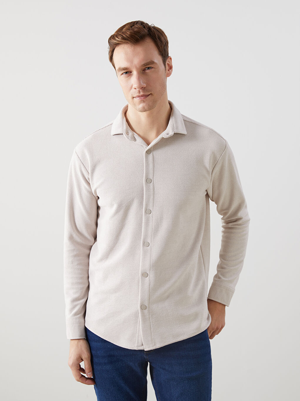 Bej Regular Fit Uzun Kollu Gabardin Erkek Gömlek