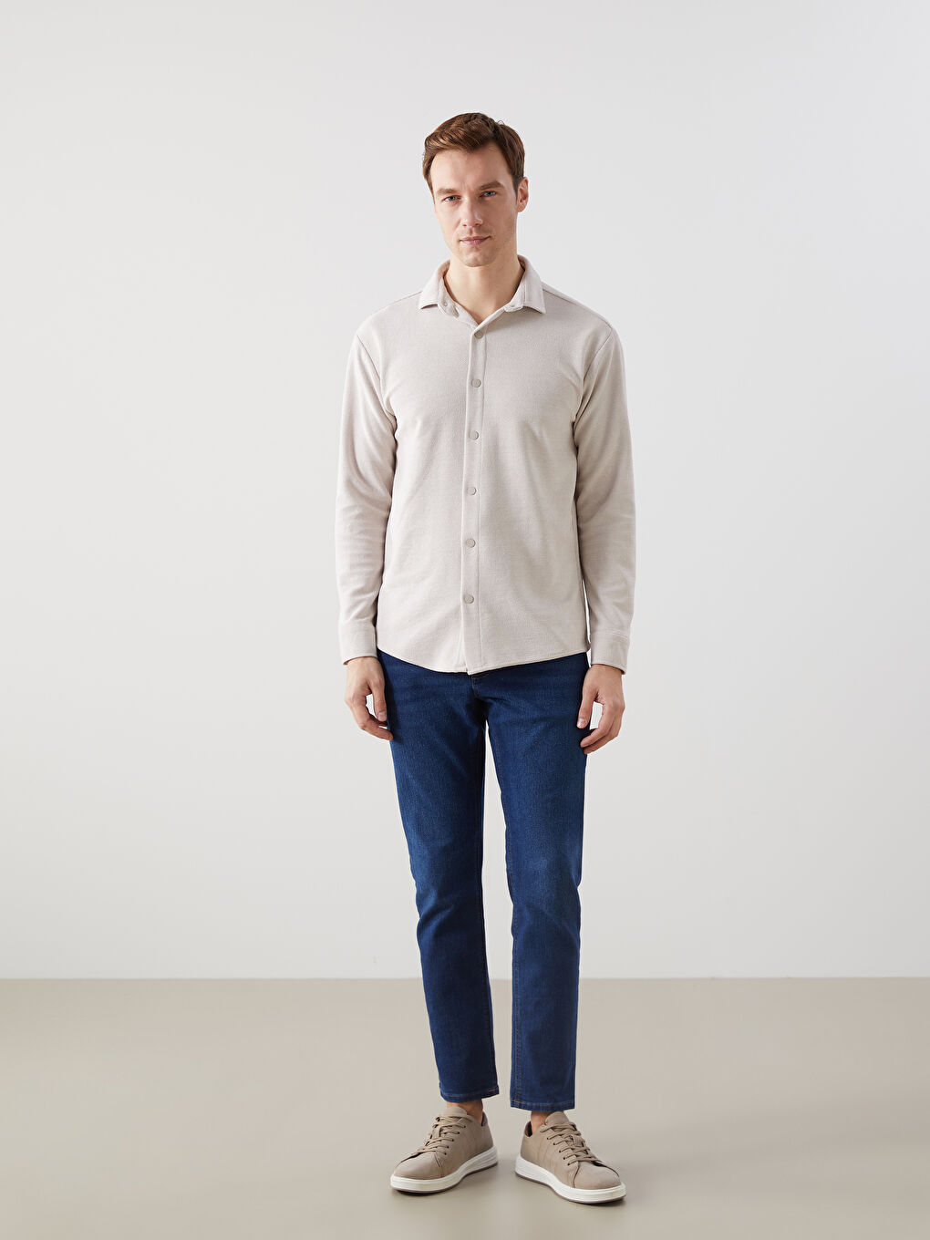 Bej Regular Fit Uzun Kollu Gabardin Erkek Gömlek-1