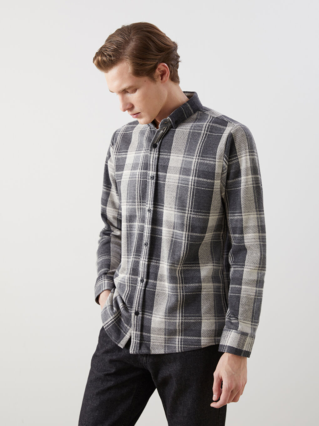 Siyah Slim Fit Uzun Kollu Ekose Erkek Gömlek