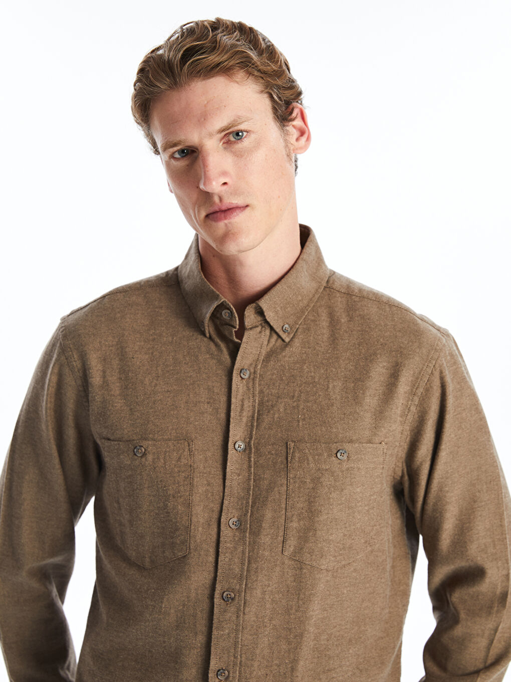 قميص رجالي بأكمام طويلة وقصة عادية من قماش الجبردين-1