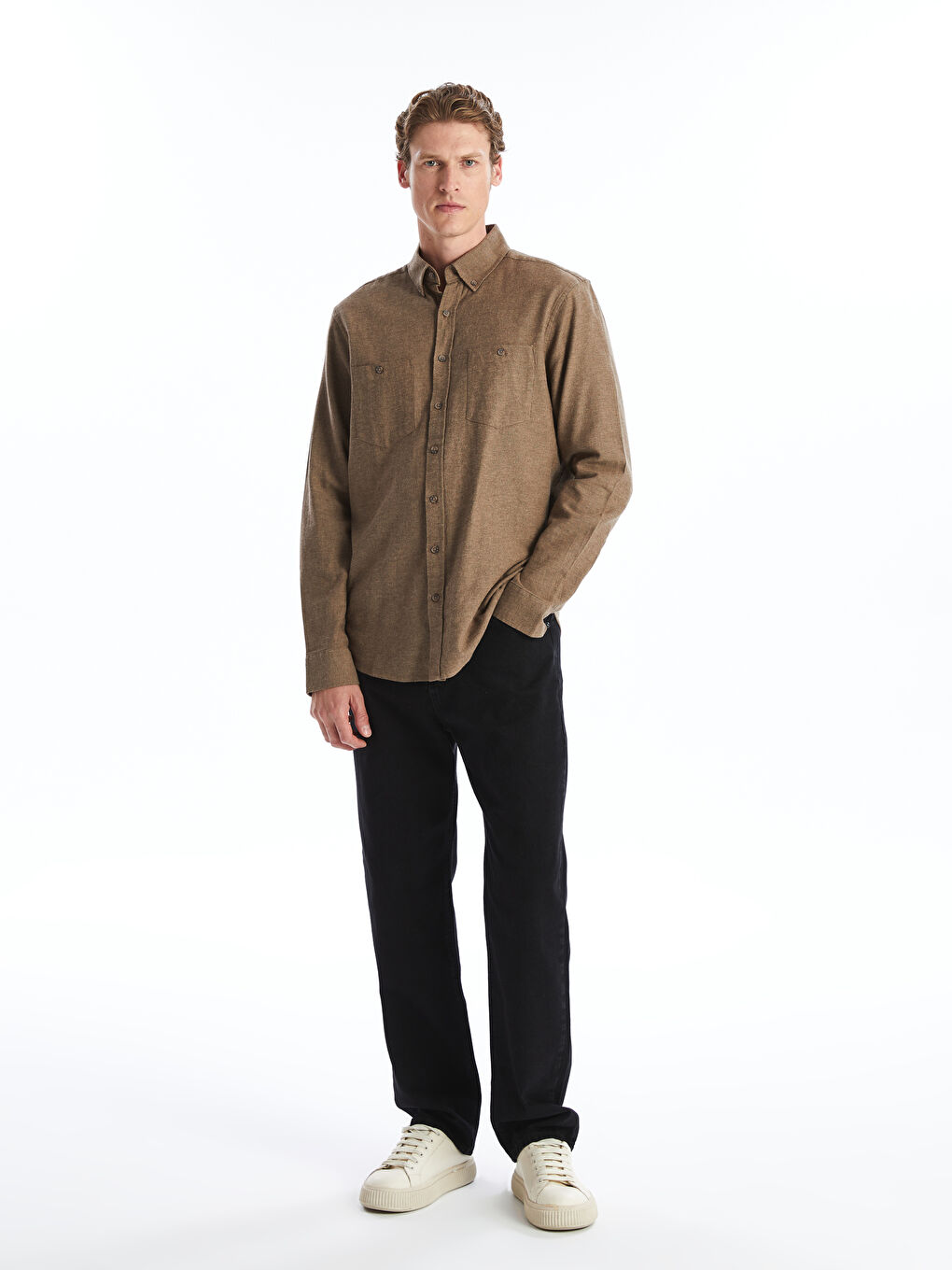 قميص رجالي بأكمام طويلة وقصة عادية من قماش الجبردين-2