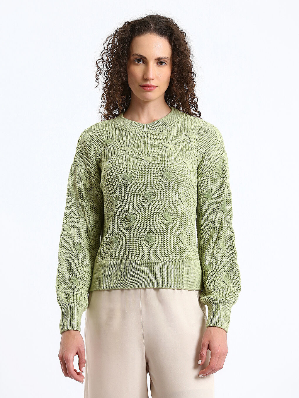 Crew Neck Self Patterned Long Sleeve Women's Knitwear Sweater