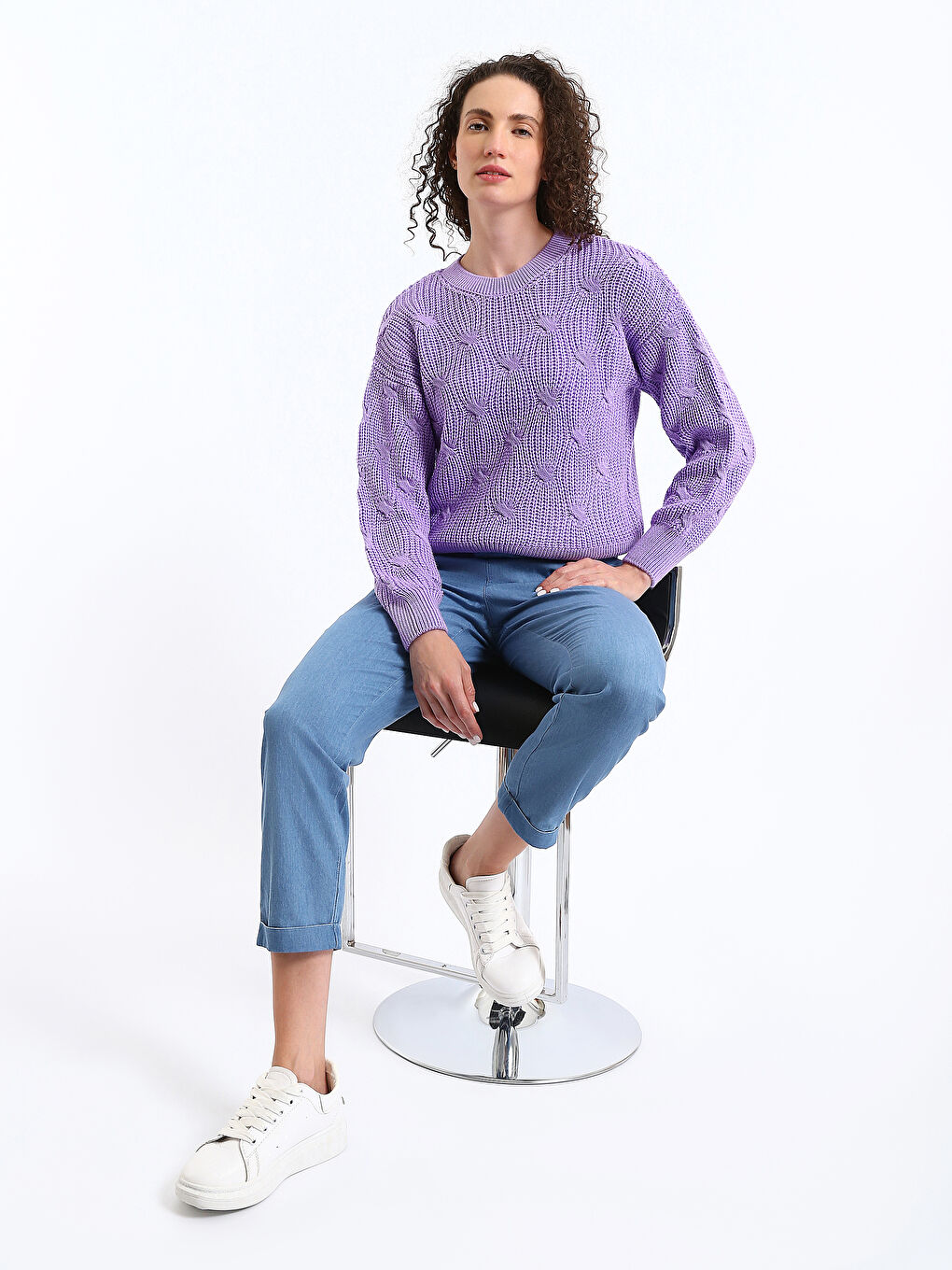 Crew Neck Self Patterned Long Sleeve Women's Knitwear Sweater-1