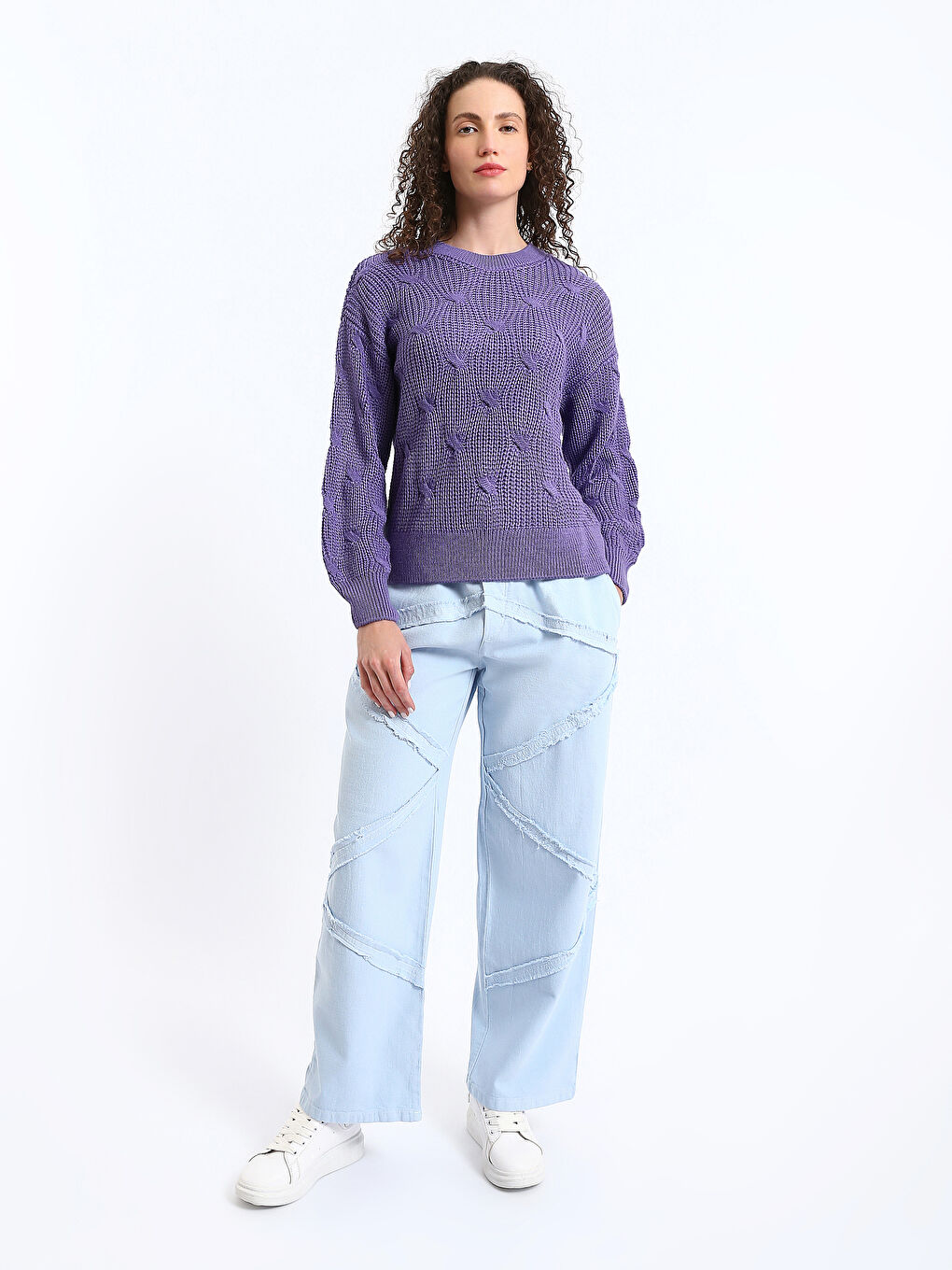 Crew Neck Self Patterned Long Sleeve Women's Knitwear Sweater-1