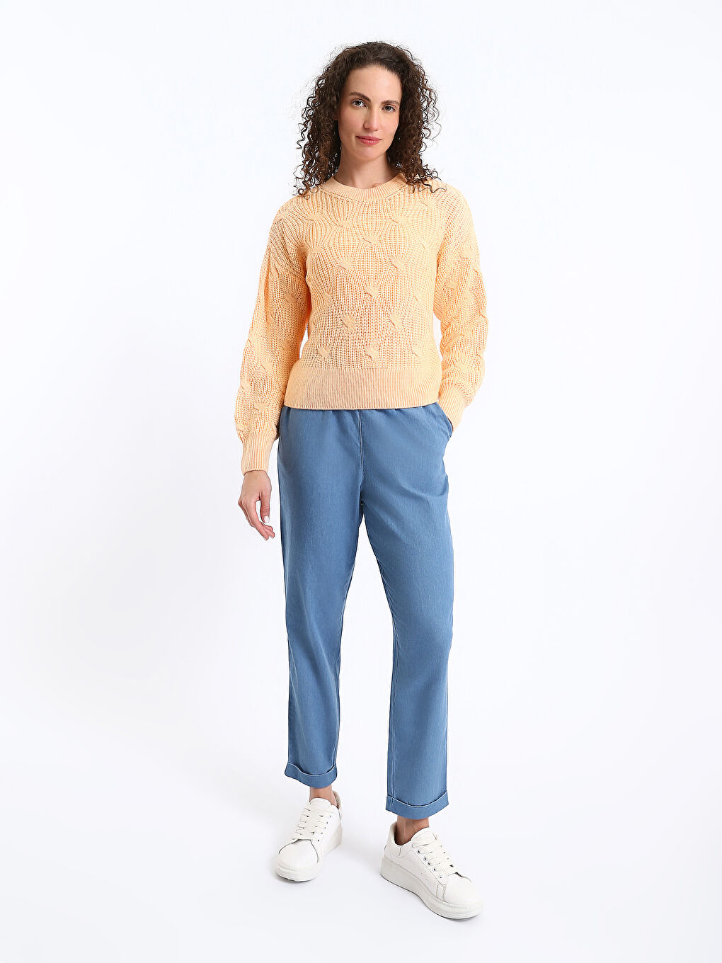 Crew Neck Self Patterned Long Sleeve Women's Knitwear Sweater-1