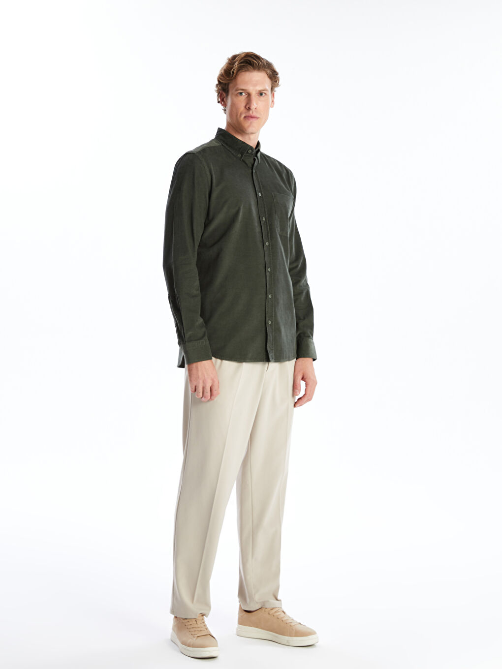 قميص مخمل كم طويل عادي للرجال-3