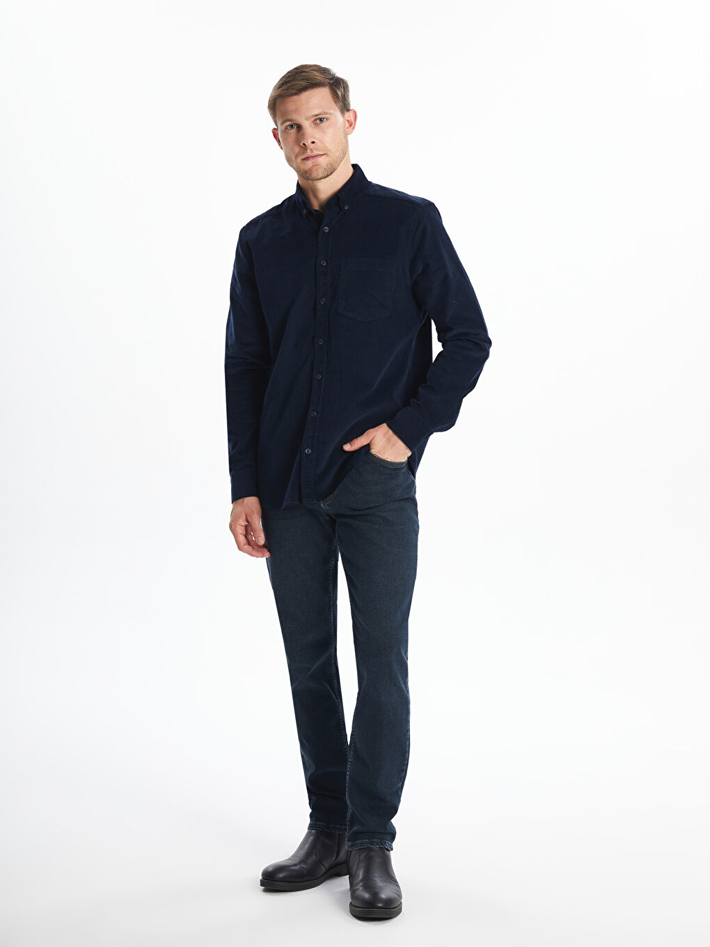 قميص مخمل كم طويل عادي للرجال-3