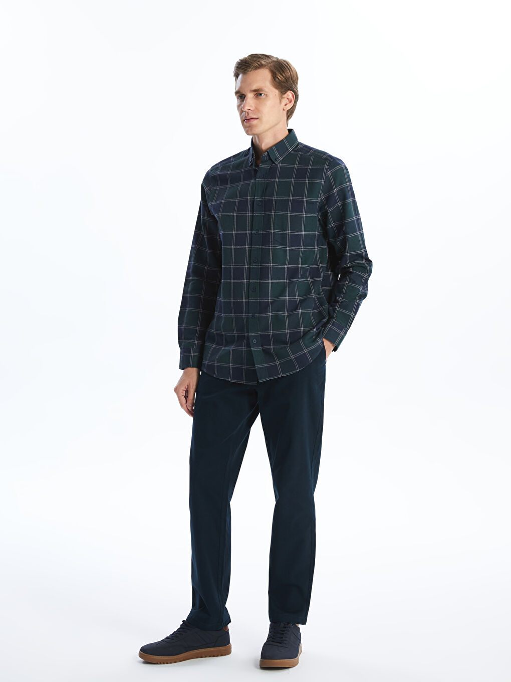 Chemise Pour Hommes Coupe Régulière à Manches Longues en Gabardine Écossaise-2