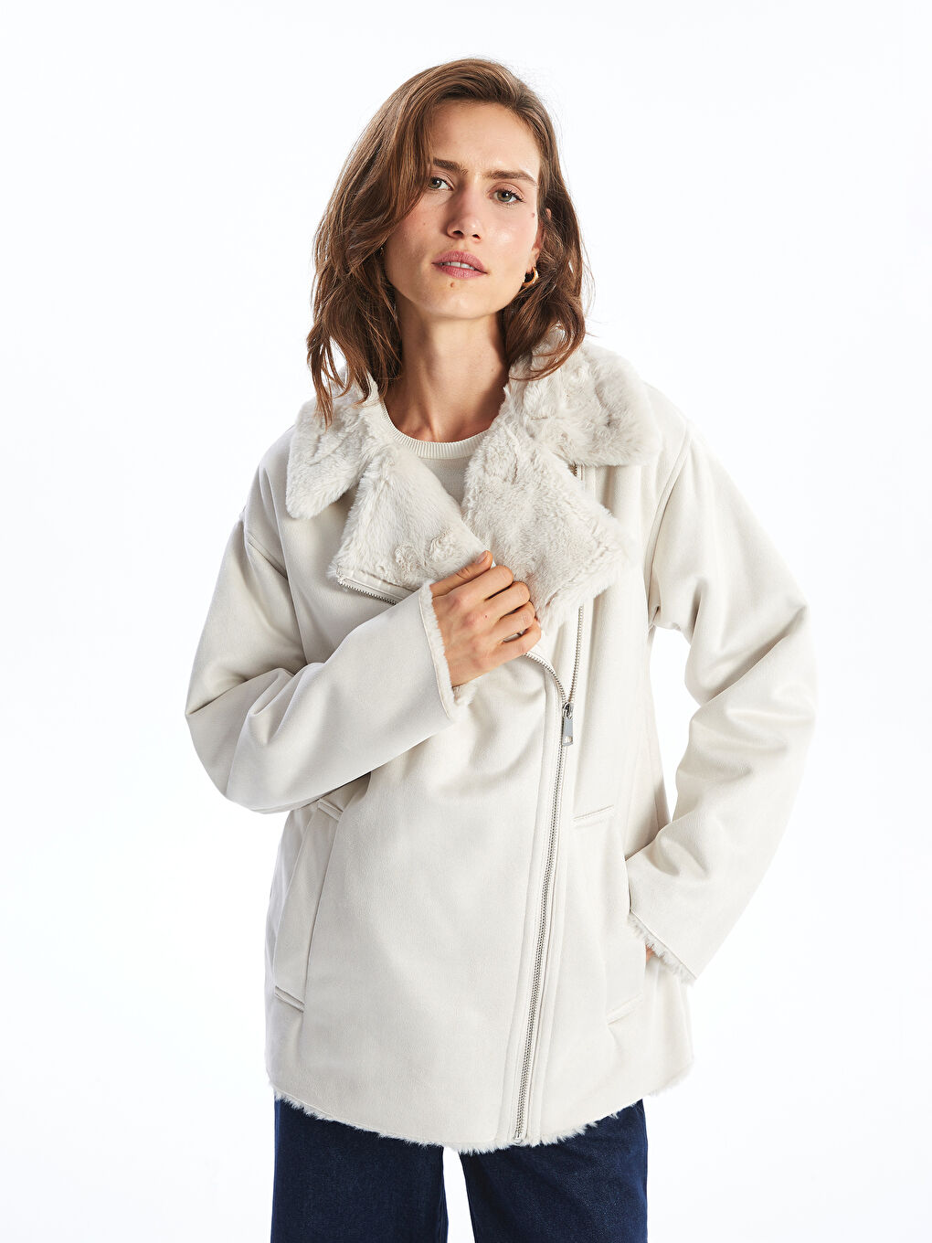 Women's Biker Neck Plain Faux Leather Jacket