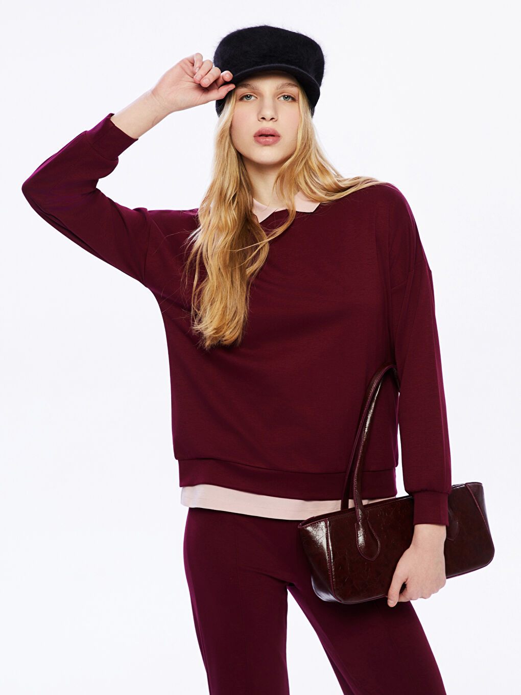 Bordo Bisiklet Yaka Kadın Sweatshirt