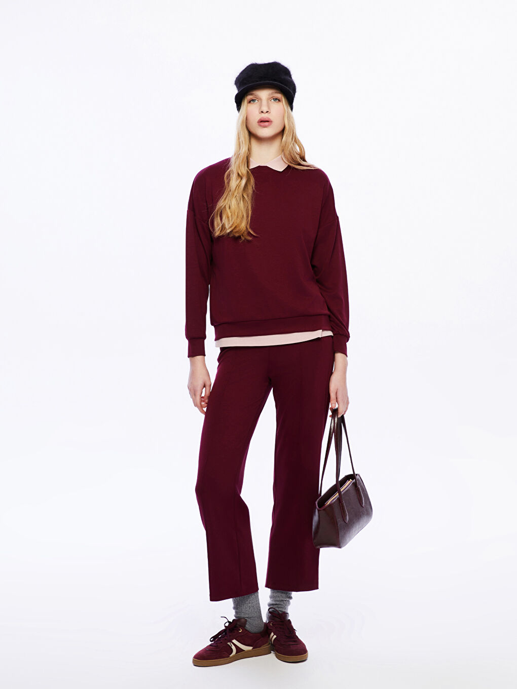 Bordo Bisiklet Yaka Kadın Sweatshirt-1