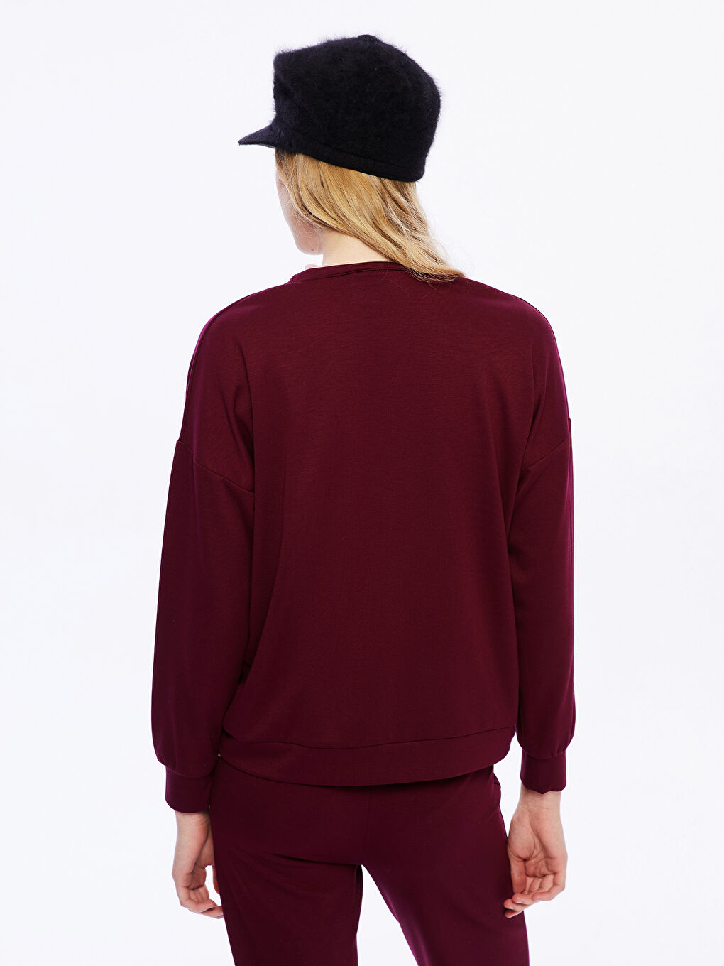 Bordo Bisiklet Yaka Kadın Sweatshirt-3