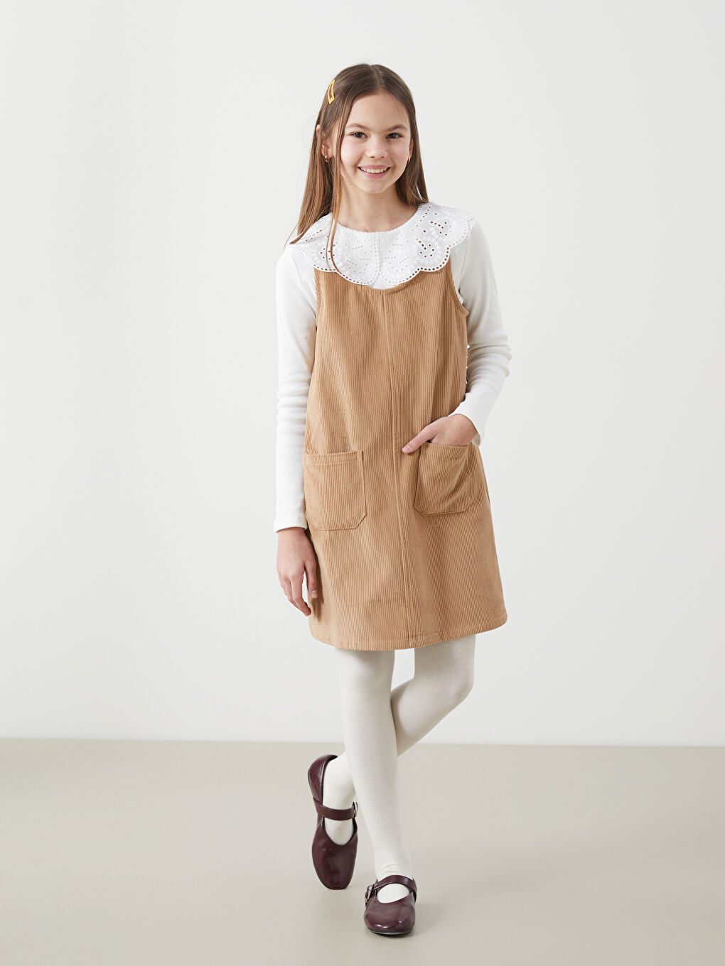 LCW Kids U Neck Velvet Girls' Dress -W4M806Z4-FBK