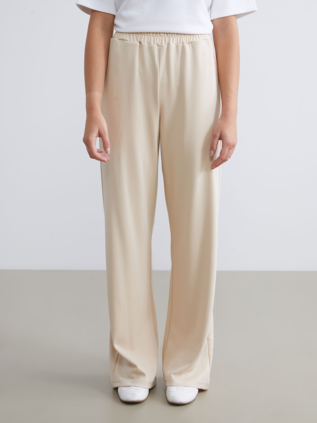 Bej Beli Lastikli Kadın Spor Eşofman Altı-1