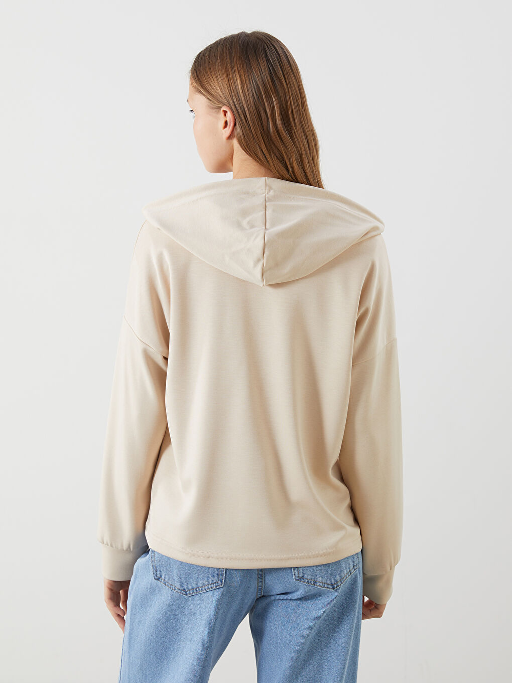 Bej Kapüşonlu Kadın Fermuarlı Sweatshirt-3