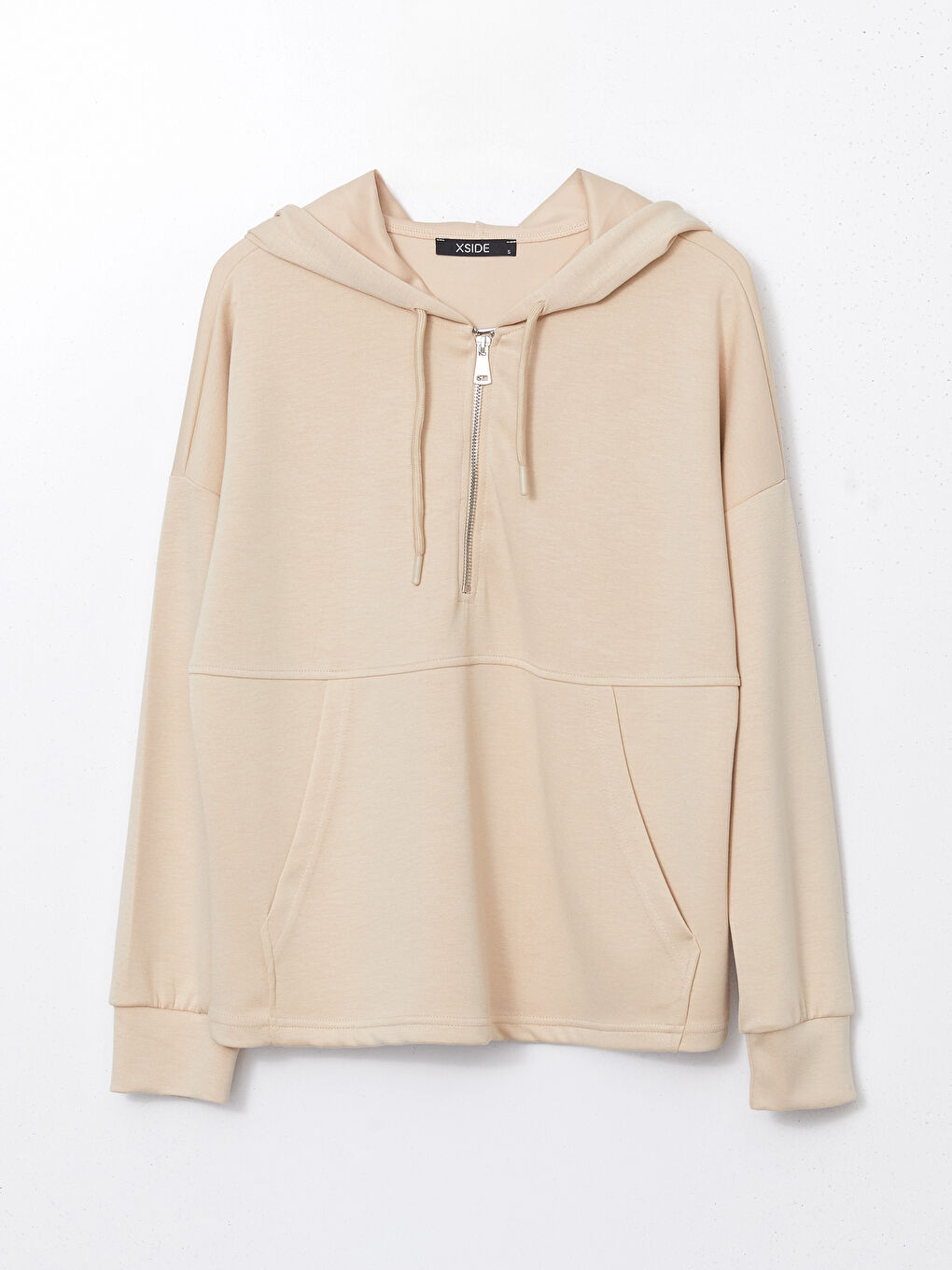 Bej Kapüşonlu Kadın Fermuarlı Sweatshirt-4