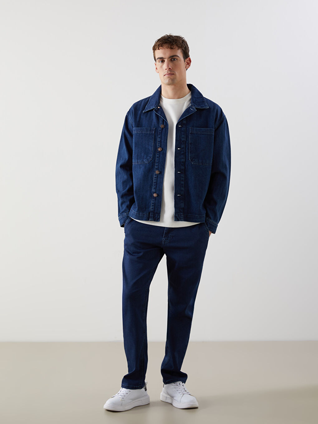 İndigo Rahat Kalıp Uzun Kollu Erkek Jean Gömlek-1